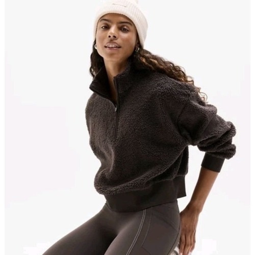 Athleta In the Clouds 1/4 Zip Pullover Sweater XXS Brown Cropped Sherpa EUC